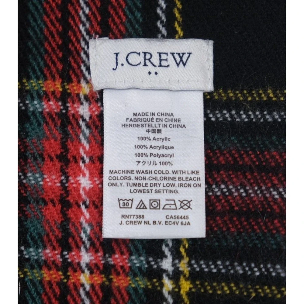 J.Crew Scarf Unisex OS Black Red Plaid Tartan Fringe Acrylic Winter Accessory